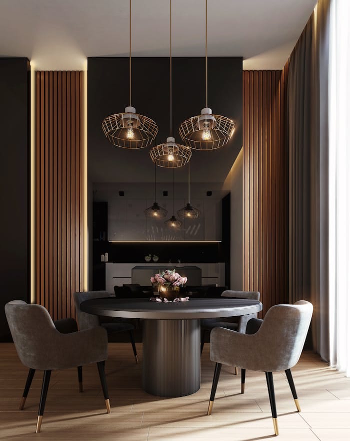 Demo Post 1 2 A sophisticated, contemporary dining room with elegant lighting and luxurious furnishings.